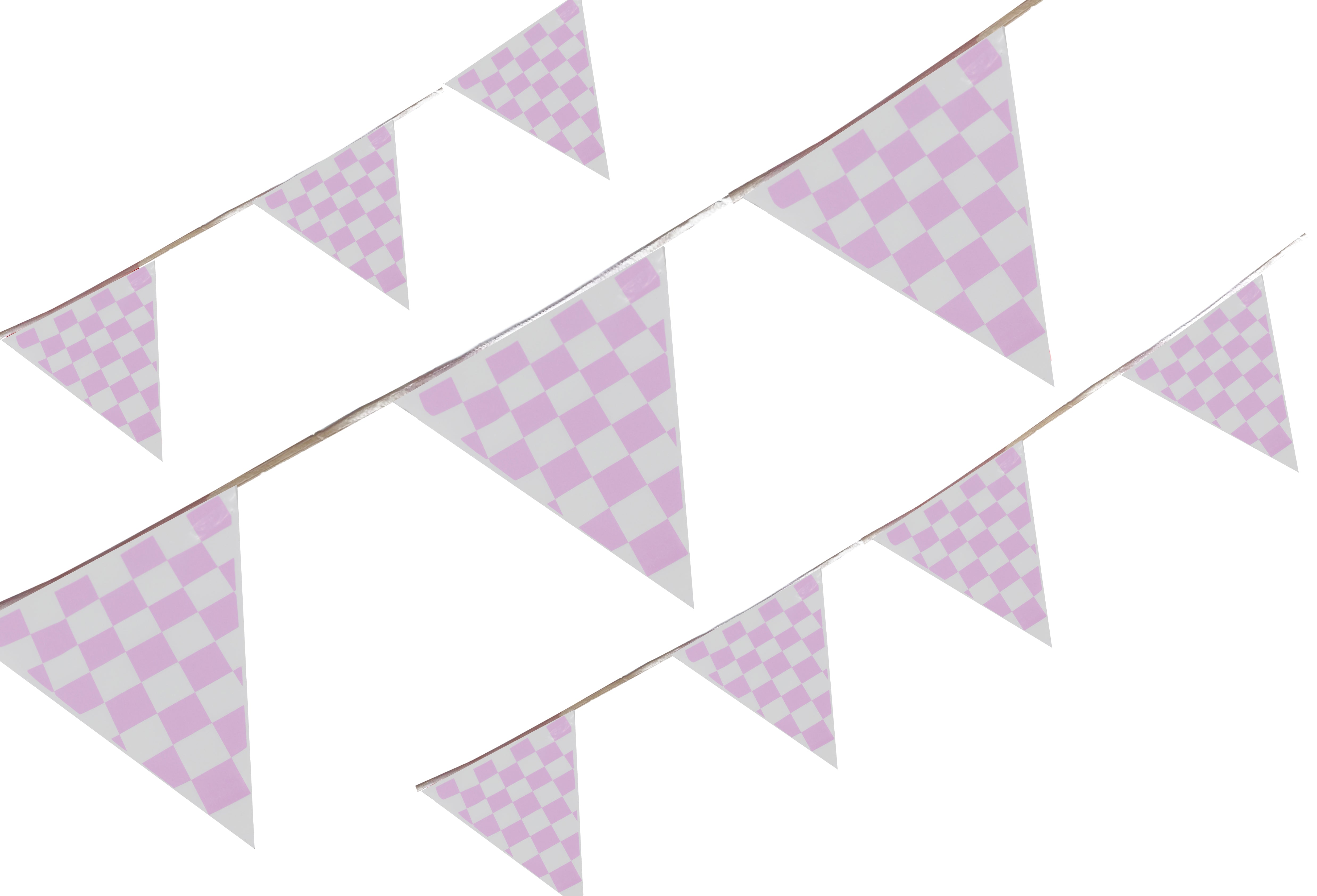 Tira de banderines triangulares impresos a cuadros rosa pastel tipo carreras, fabricados en plástico polietileno resistente con guía de rafia blanca. Perfectos para eventos deportivos, fiestas y cumpleaños. Tira de banderines triangulares impresos a cuadros rosa pastel tipo carreras, fabricados en plástico polietileno resistente con guía de rafia blanca. Perfectos para eventos deportivos, fiestas y cumpleaños.